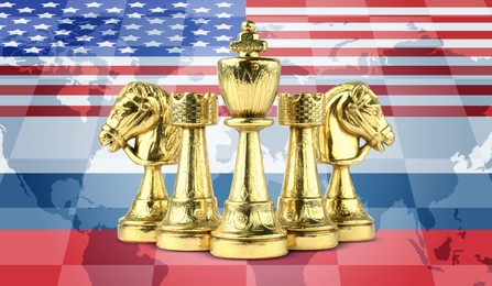 Image of Russian and American flags, world map and chess pieces