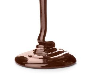 Photo of Pouring delicious melted chocolate on white background