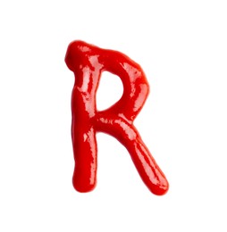 Photo of Letter R written with ketchup on white background