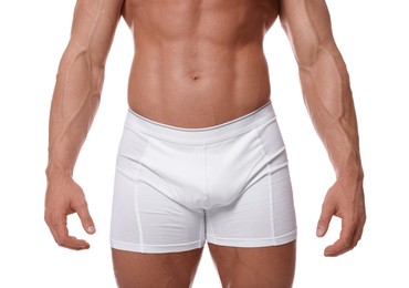 Photo of Young man is stylish underwear on white background, closeup