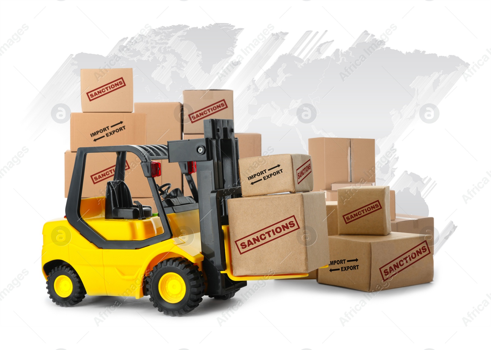 Image of Economic sanctions. Toy forklift with boxes on white background. Illustration of world map