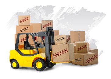 Image of Economic sanctions. Toy forklift with boxes on white background. Illustration of world map