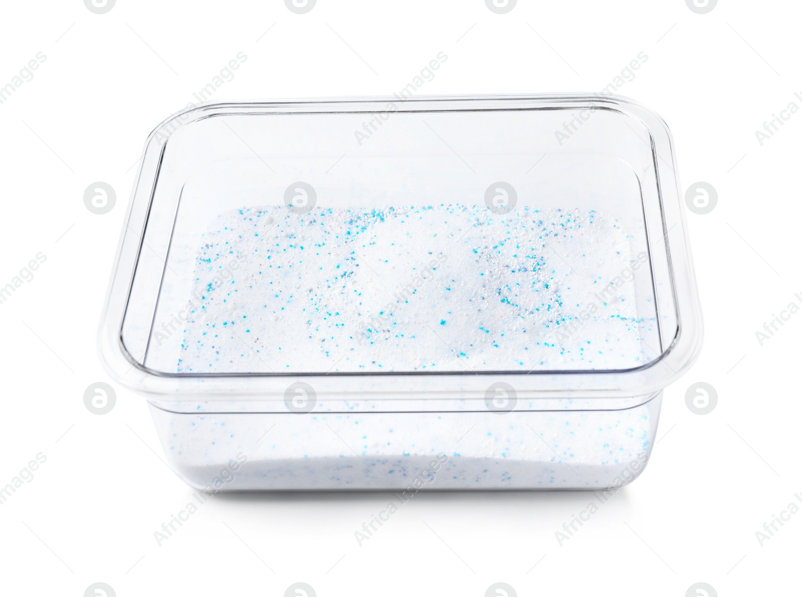 Photo of Plastic container with laundry powder isolated on white