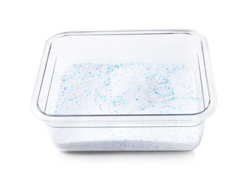 Plastic container with laundry powder isolated on white