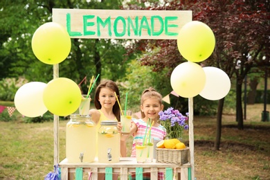Photo of Little girls at lemonade stand in park