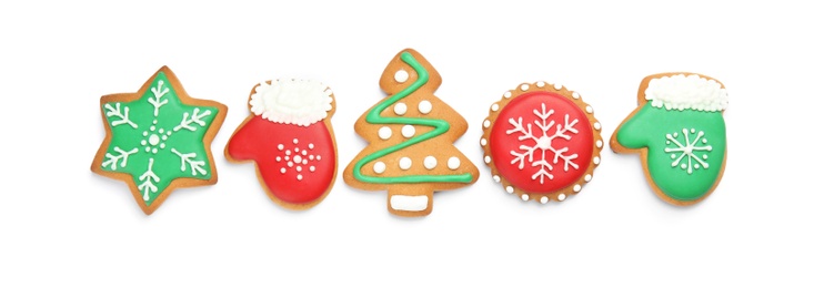 Photo of Tasty homemade Christmas cookies on white background