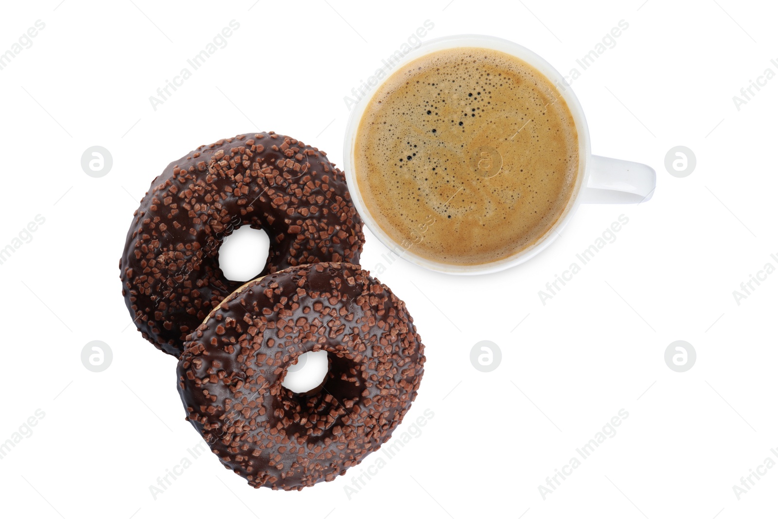 Photo of Delicious pastries and coffee on white background, top view