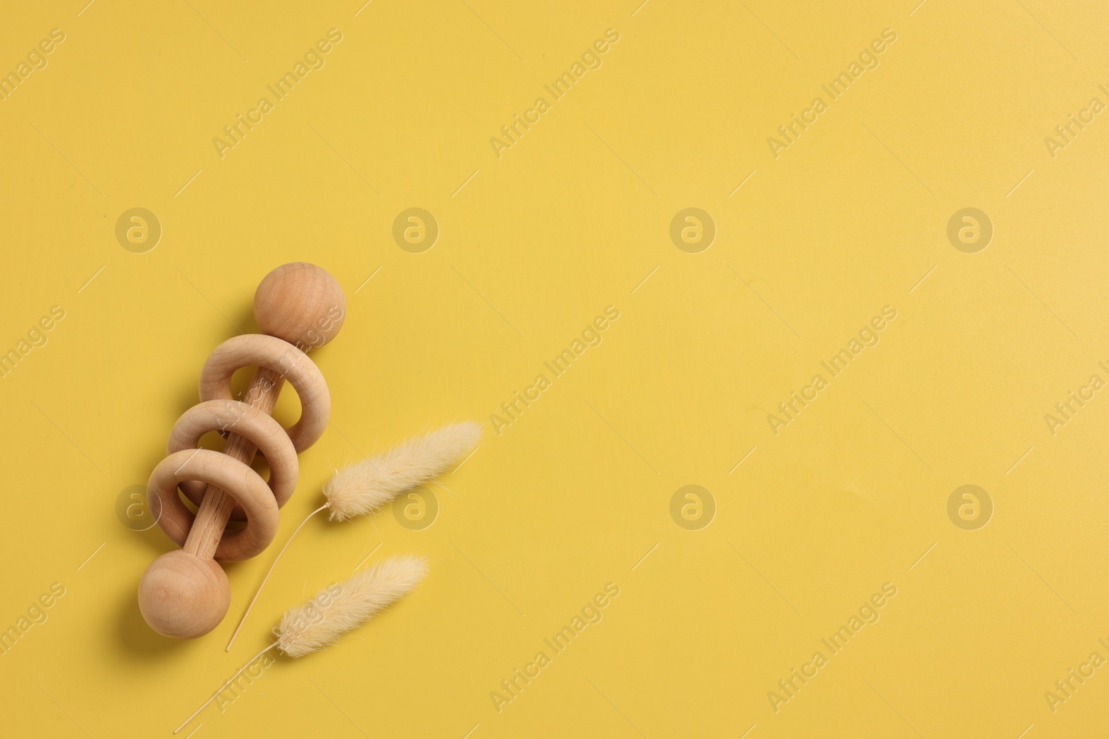 Photo of Baby accessory. Wooden rattle and dry spikes on yellow background, top view. Space for text