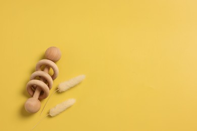 Photo of Baby accessory. Wooden rattle and dry spikes on yellow background, top view. Space for text