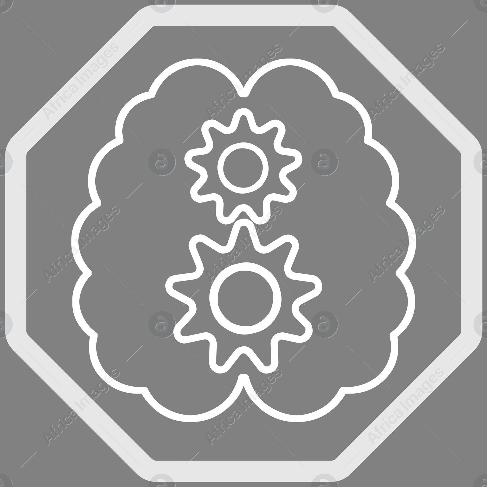 Image of Brain with gears in frame, illustration on grey background