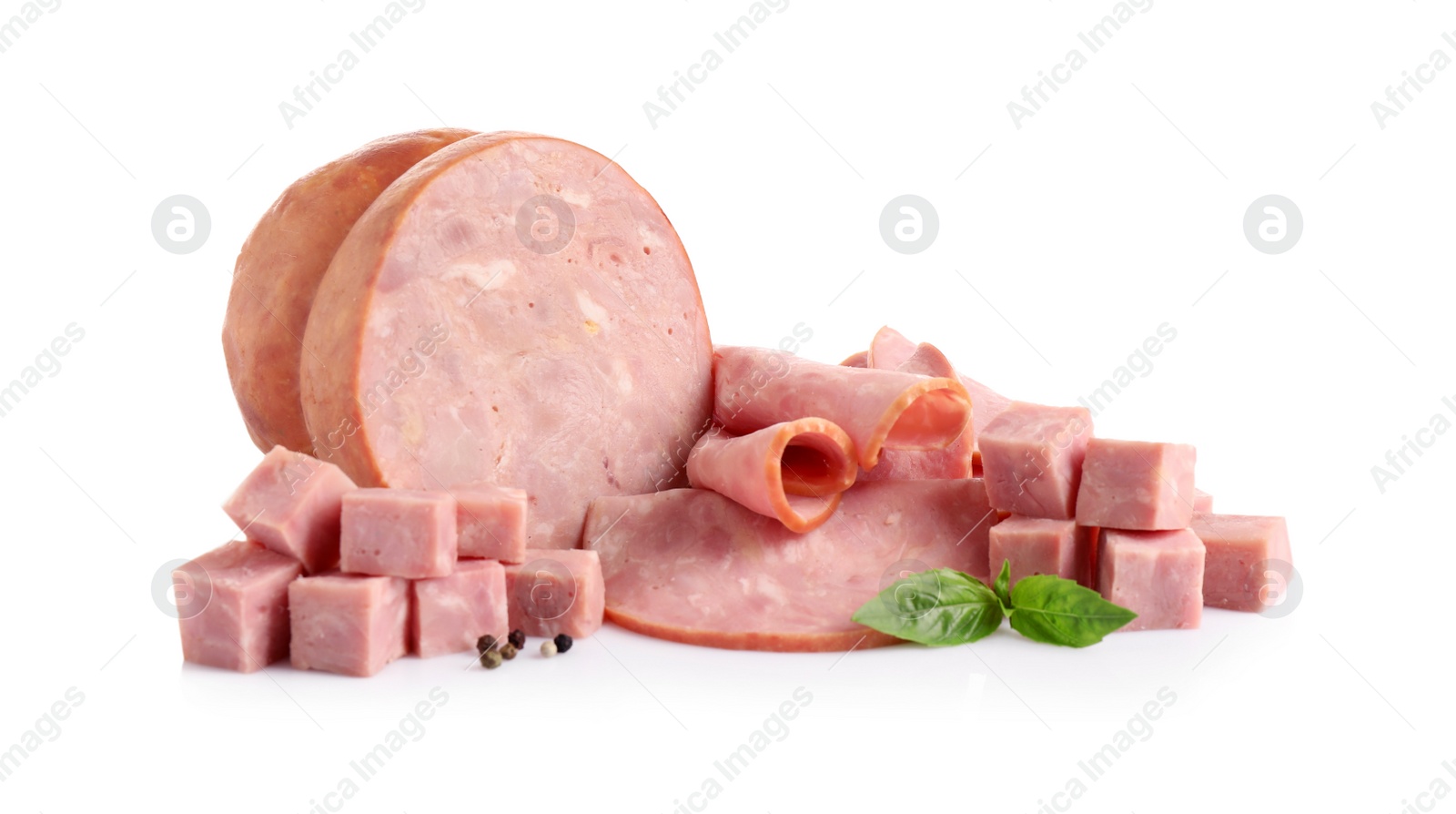 Photo of Tasty fresh ham with basil and pepper isolated on white