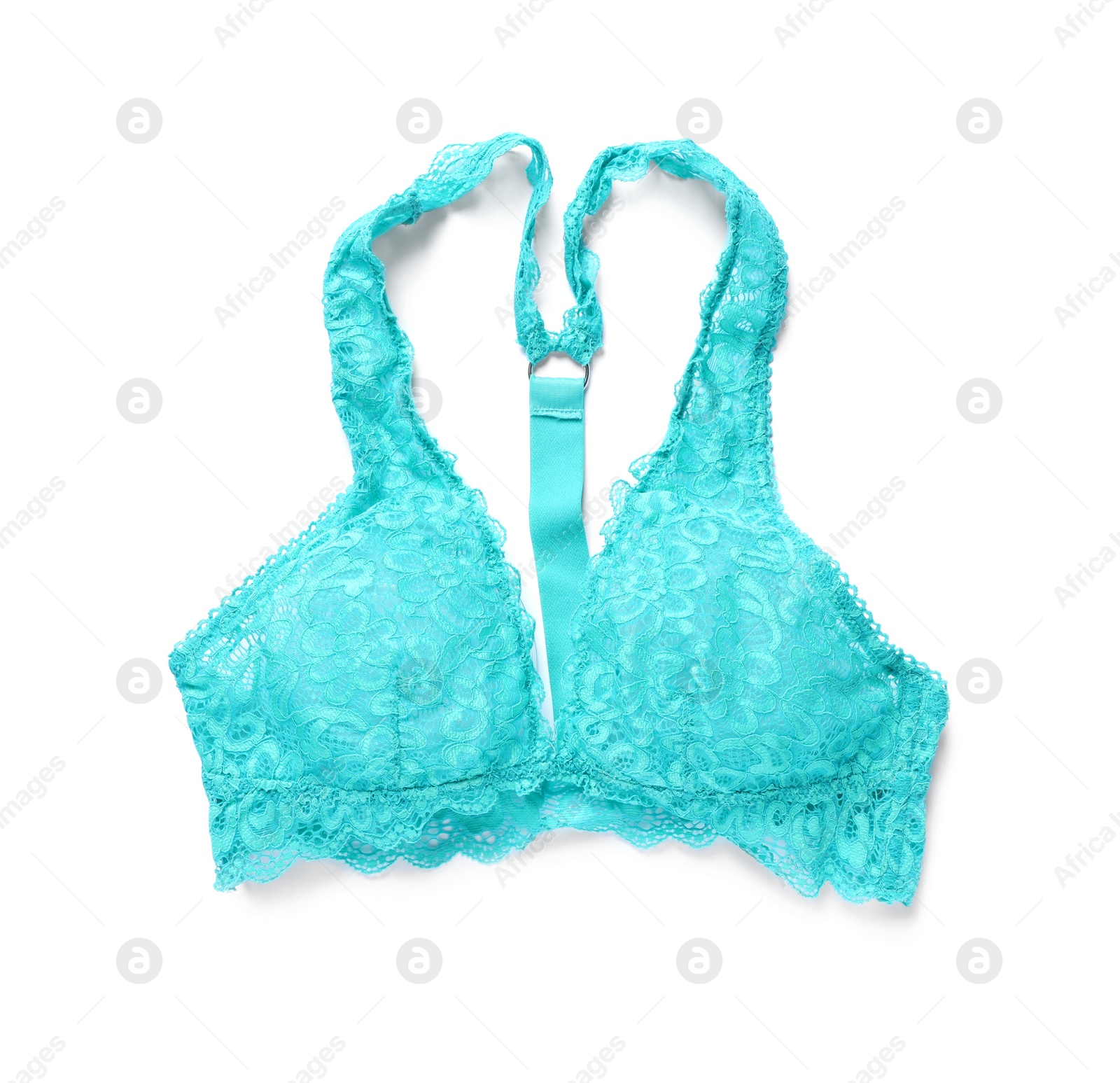 Photo of Elegant light blue women's underwear isolated on white, top view