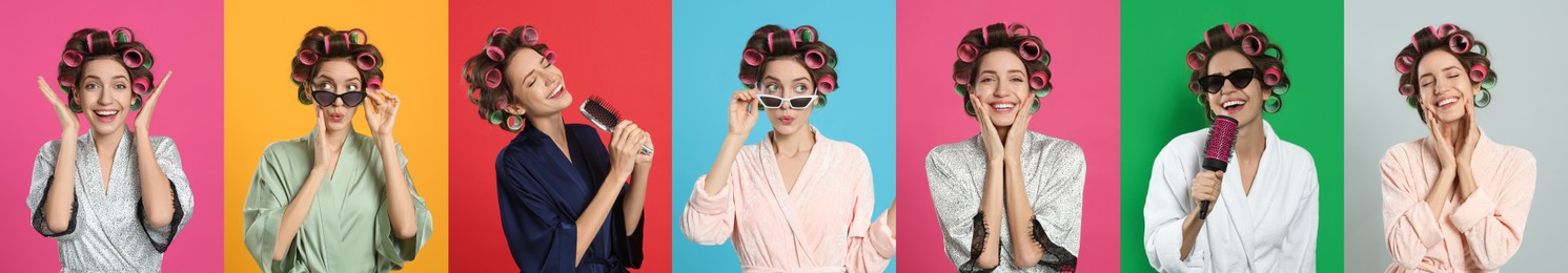 Image of Collage with photos of beautiful young woman wearing bathrobe with hair curlers on different color backgrounds. Banner design