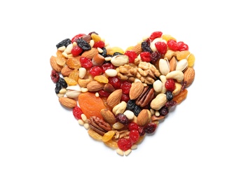 Heart made of dried fruits and nuts on white background, top view
