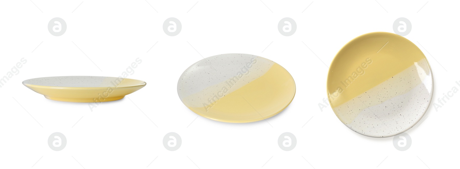 Image of Empty ceramic plate isolated on white, set with different views