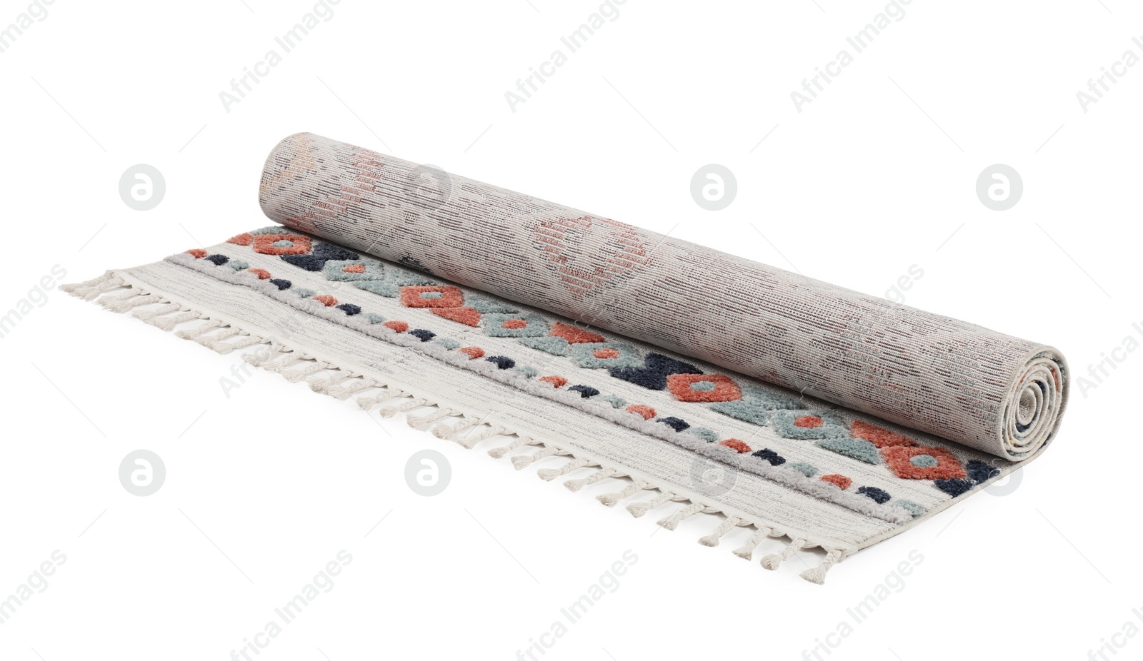 Photo of Rolled carpet with pattern on white background. Interior element