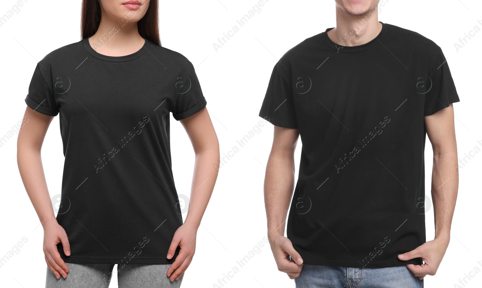 Image of People wearing black t-shirts on white background, closeup. Mockup for design