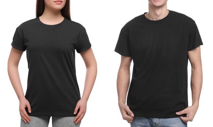 Image of People wearing black t-shirts on white background, closeup. Mockup for design