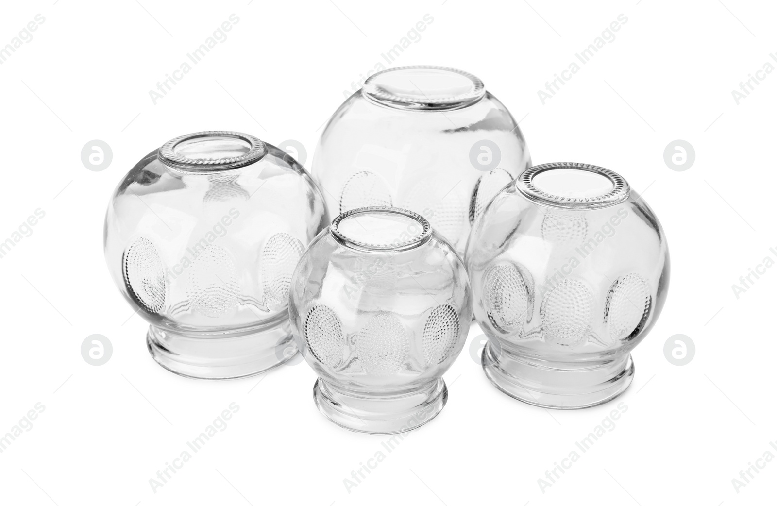 Photo of Many glass cups isolated on white. Cupping therapy