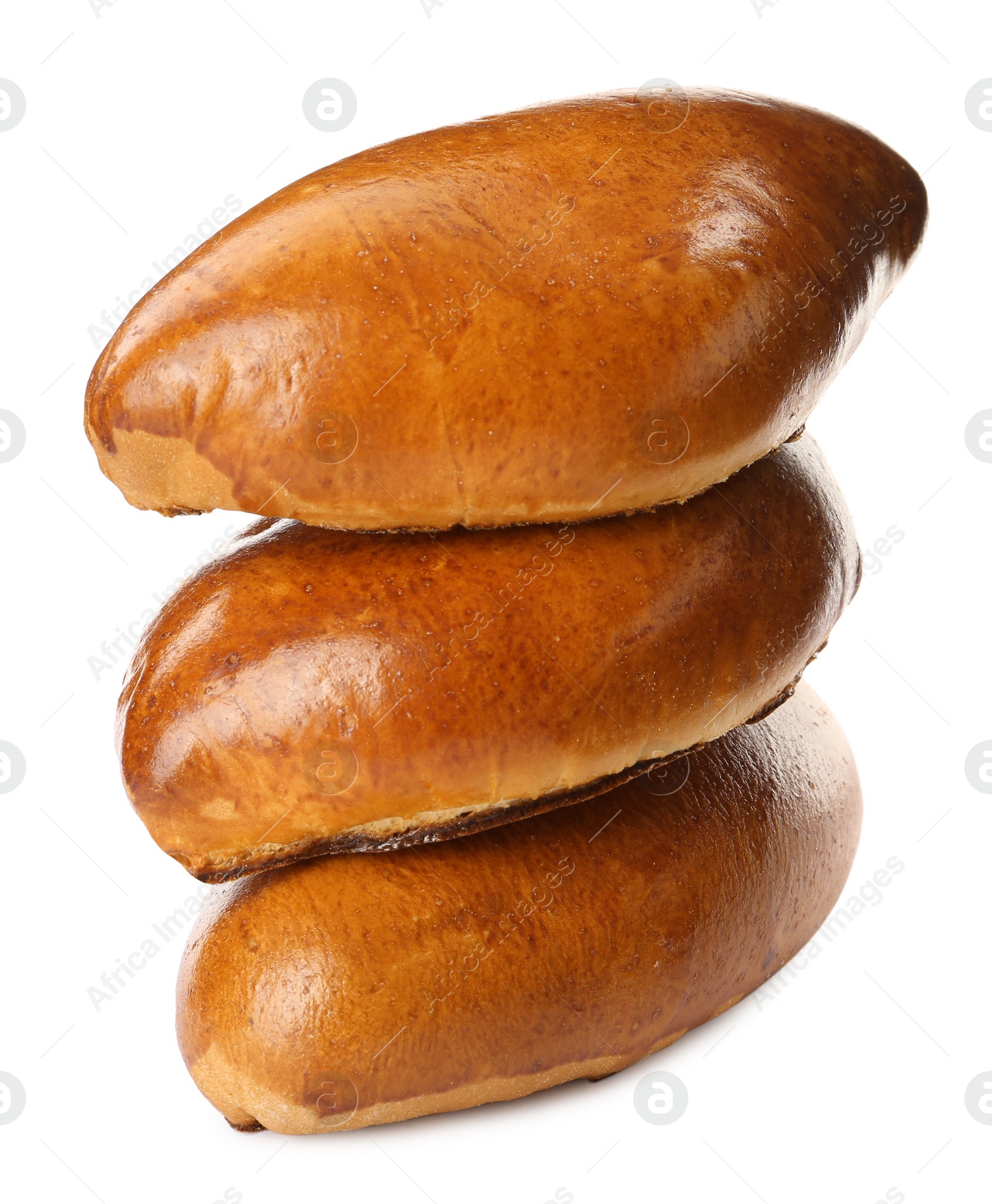 Photo of Many delicious baked patties on white background