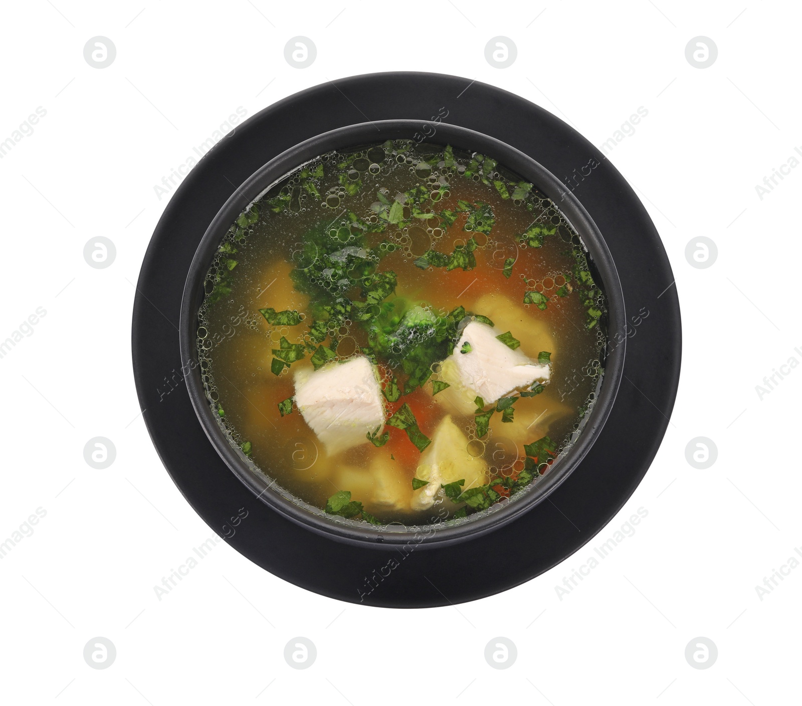 Photo of Delicious chicken soup with parsley isolated on white, top view