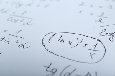 Photo of Sheet of paper with different mathematical formulas, closeup