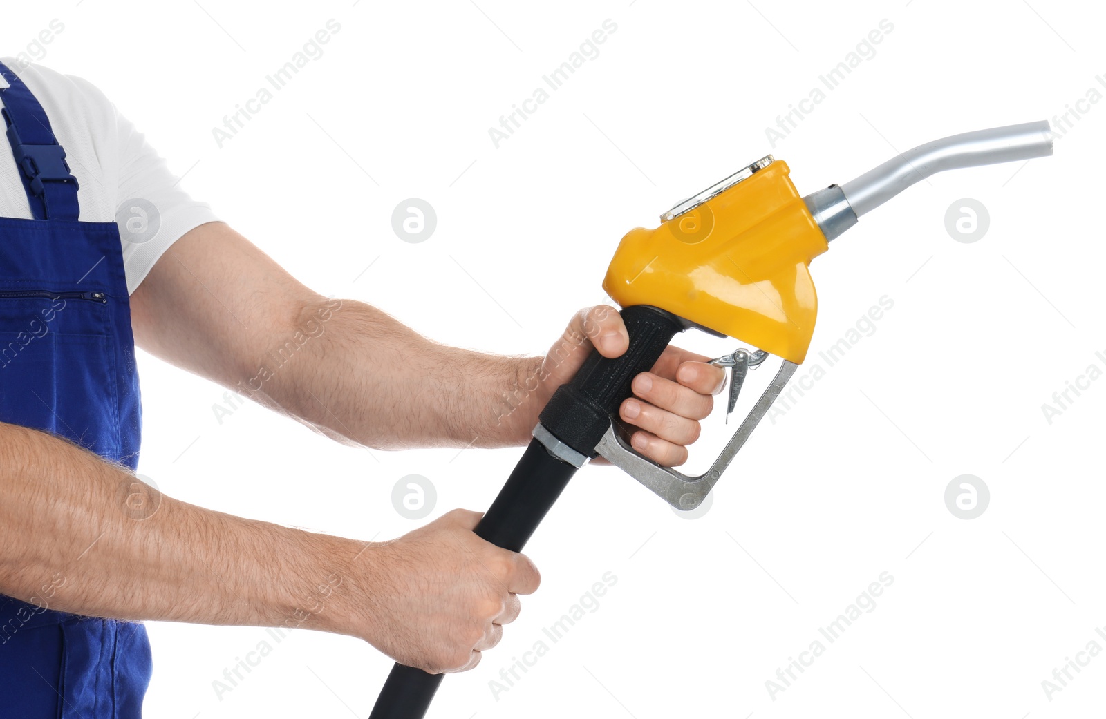 Photo of Gas station worker with fuel nozzle on white background, closeup