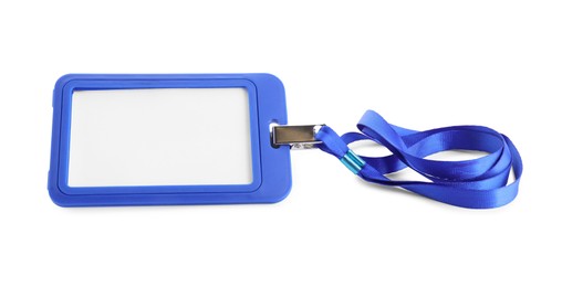 Photo of Blank blue badge with string isolated on white