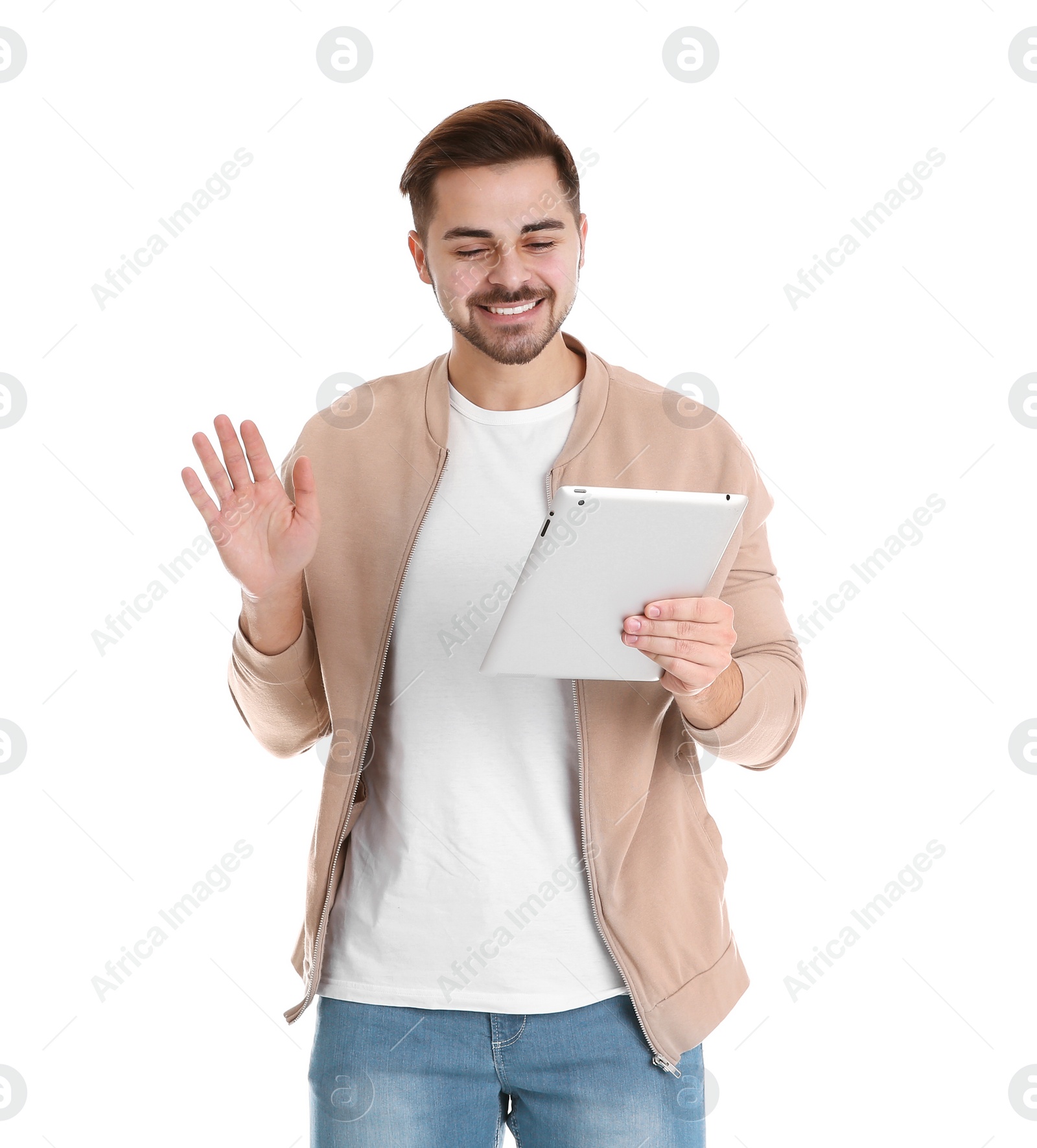 Photo of Man using tablet for video chat isolated on white