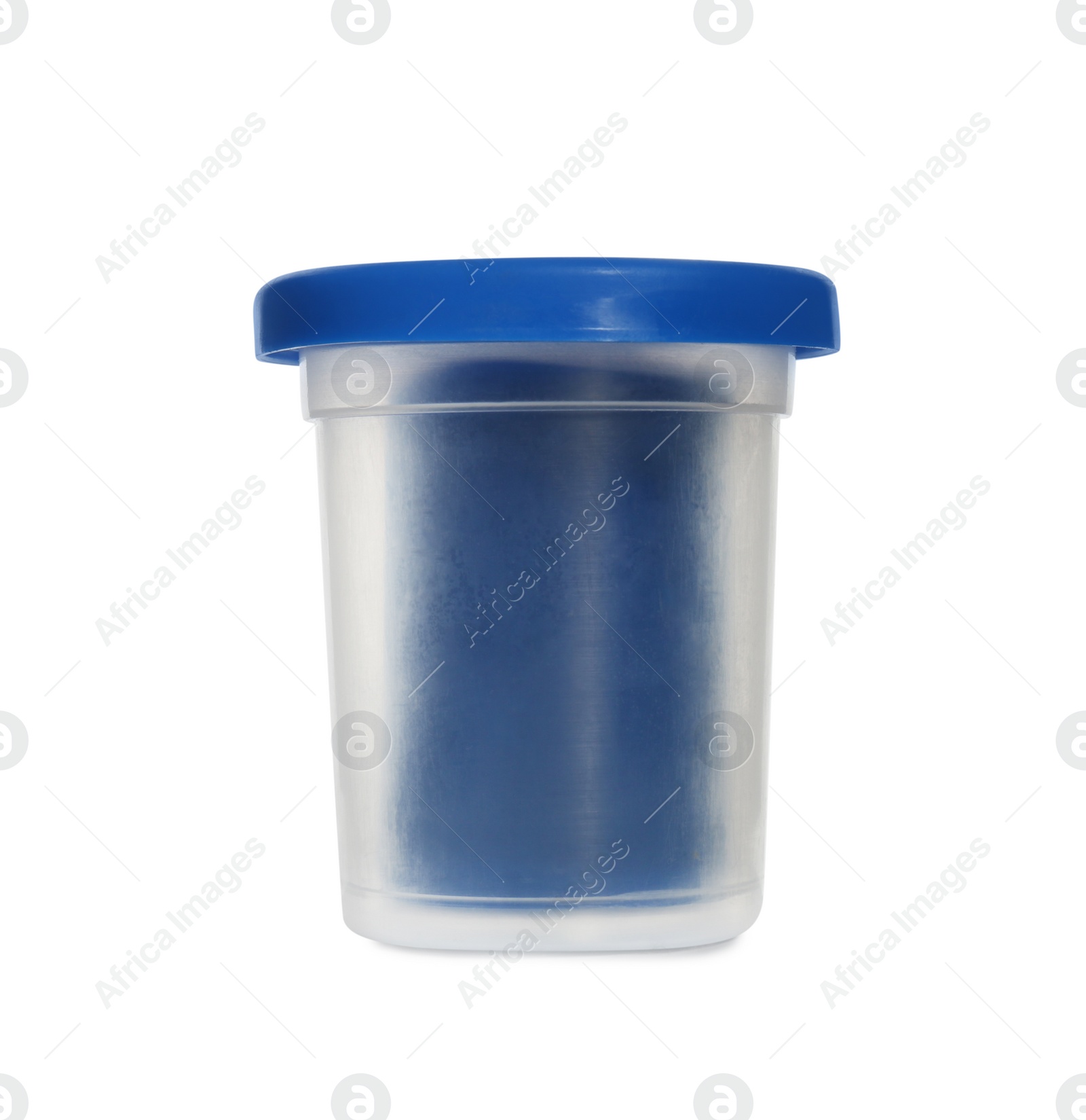 Photo of Plastic container of blue play dough isolated on white