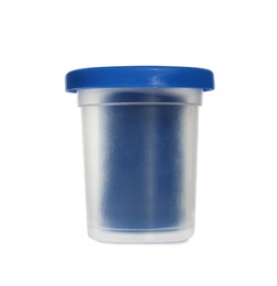 Photo of Plastic container of blue play dough isolated on white