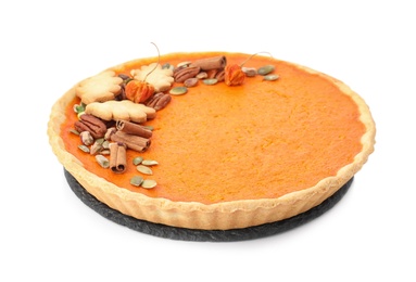 Photo of Delicious homemade pumpkin pie isolated on white