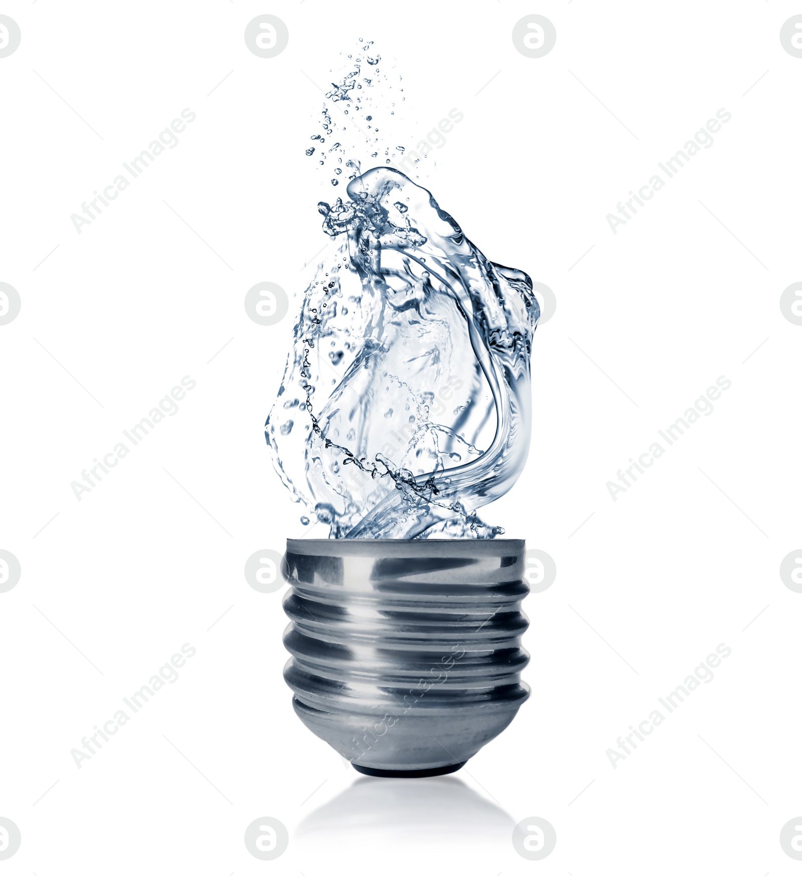 Image of Light bulb with water splashes on white background. Alternative energy source