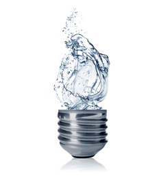 Light bulb with water splashes on white background. Alternative energy source