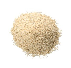 Photo of Pile of sesame seeds on white background, top view