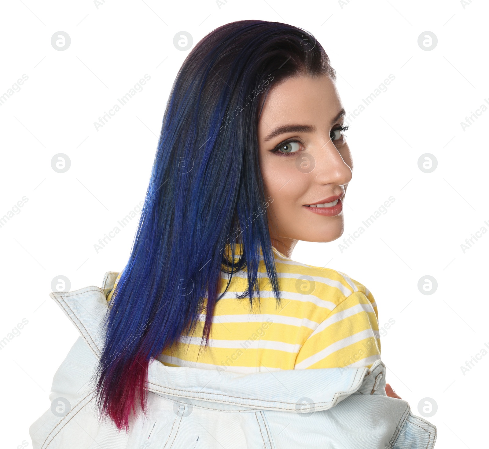 Photo of Young woman with bright dyed hair on white background