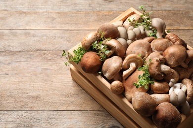 Photo of Different wild mushrooms in crate on wooden table