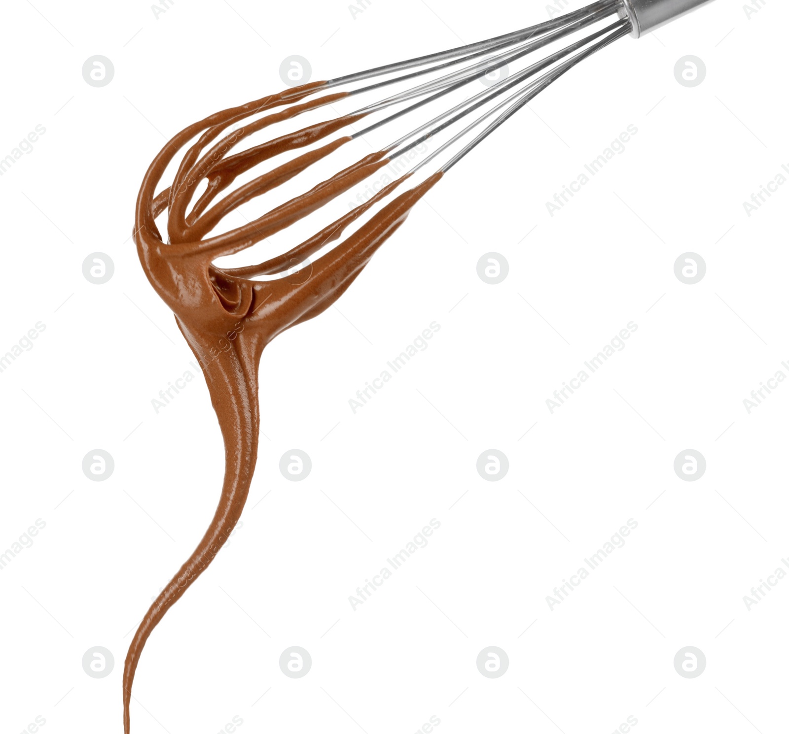 Photo of Chocolate cream flowing from whisk isolated on white