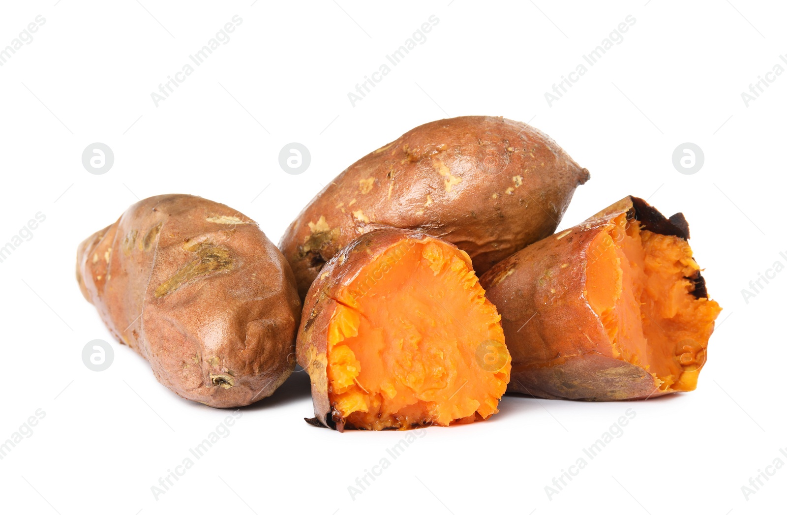 Photo of Delicious baked sweet potatoes on white background