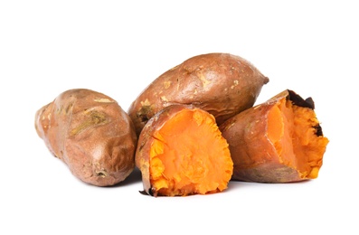 Photo of Delicious baked sweet potatoes on white background