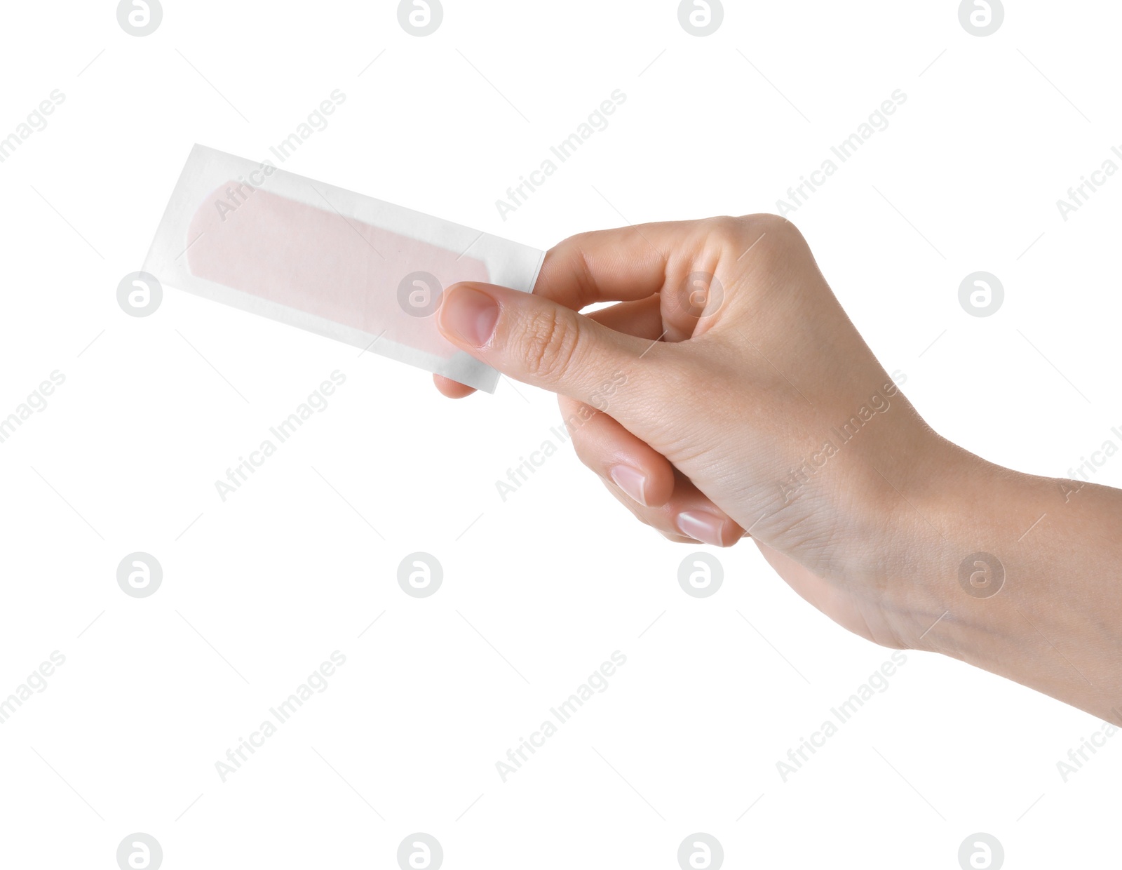Woman holding medical adhesive bandage isolated on white, closeup Photo of Woman holding medical adhesive bandage isolated on white, closeup