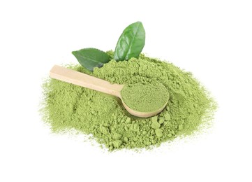 Photo of Pile of green matcha powder, leaves and spoon isolated on white