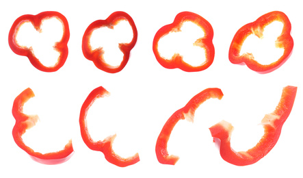 Image of Set of ripe red bell pepper slices on white background