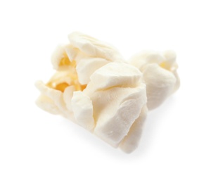 Delicious fresh popcorn on white background, closeup