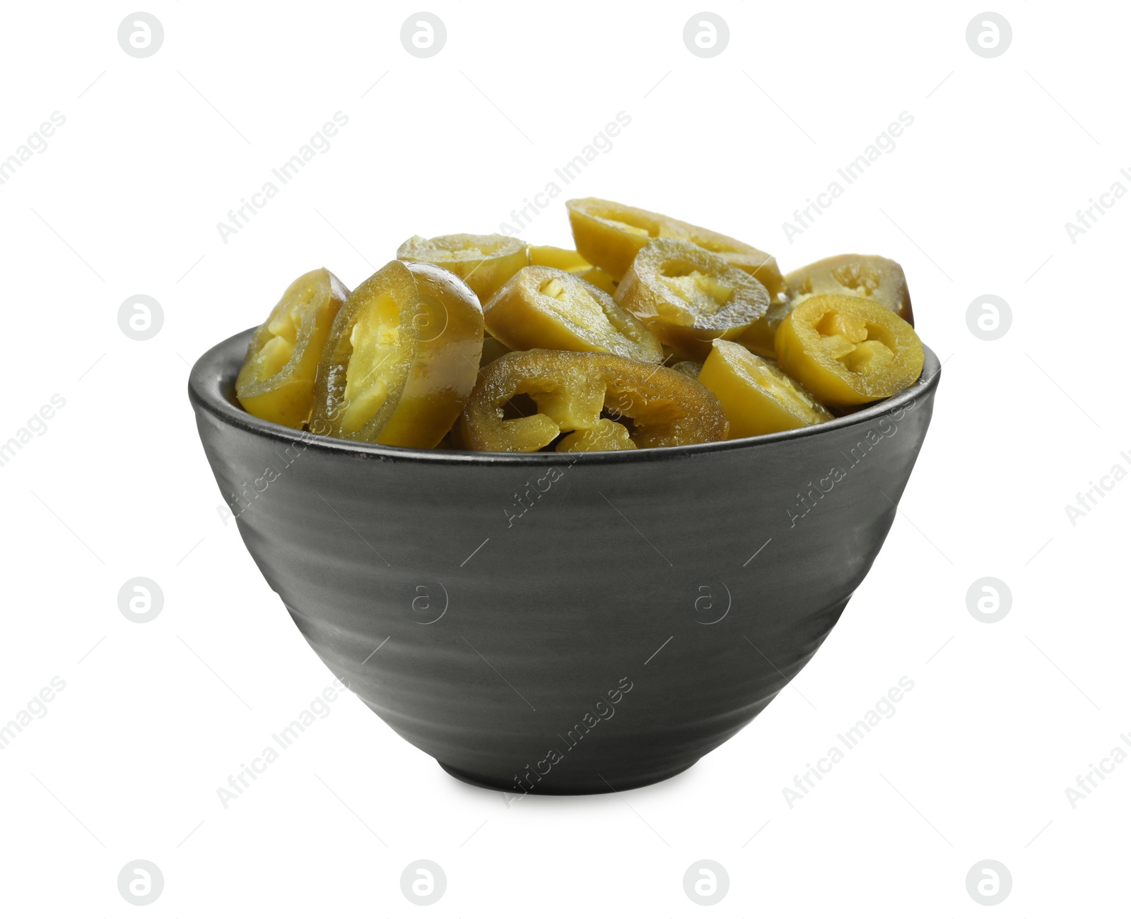 Photo of Slices of pickled green jalapenos in bowl isolated on white