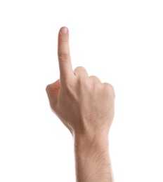 Photo of Man pointing at something on white background, closeup of hand