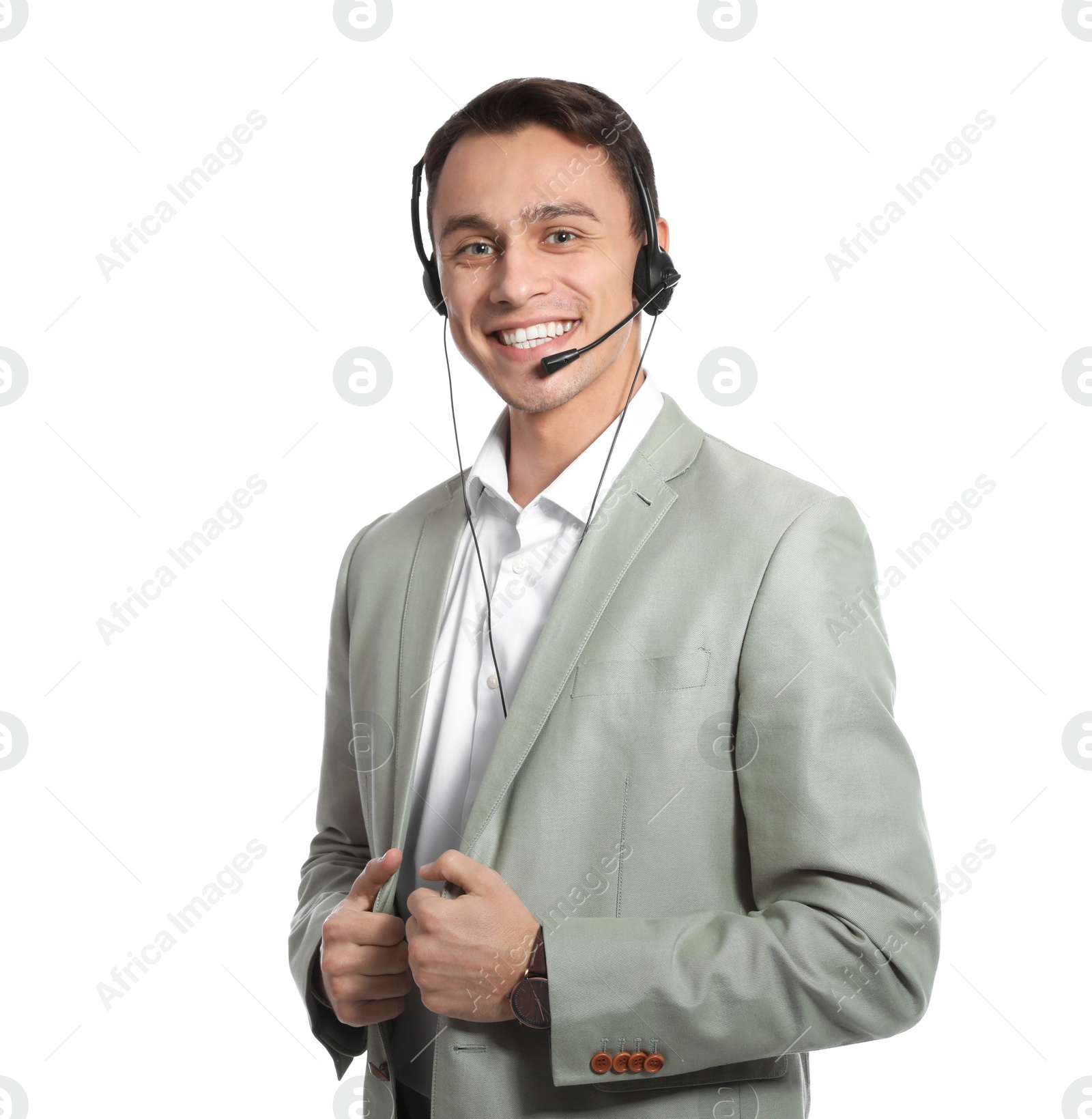 Photo of Technical support operator with headset on white background