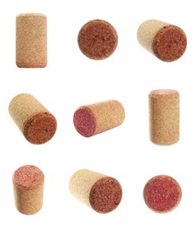 Set with wine corks on white background