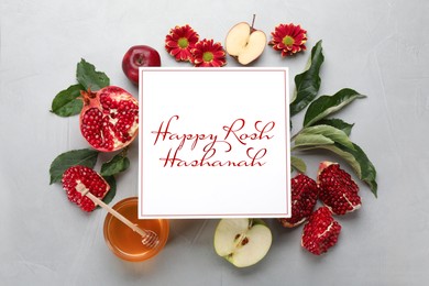 Image of Flat lay composition with Rosh Hashanah holiday attributes and card on light grey background 