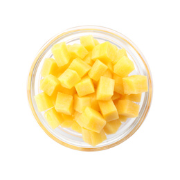 Photo of Raw yellow carrot cubes in glass bowl isolated on white, top view